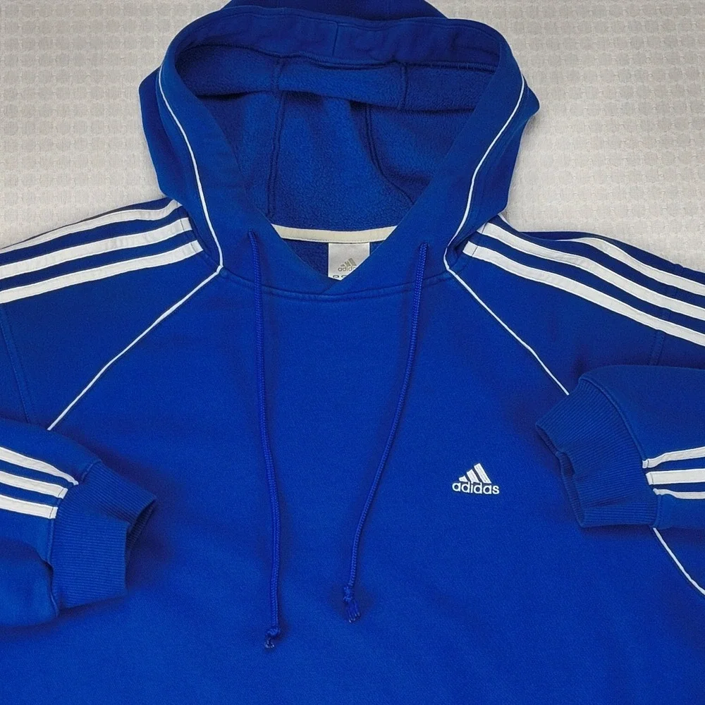 Adidas Mens Large Blue 3-Stripes Raglan Pullover Hoodie Sweatshirt Vintage Style